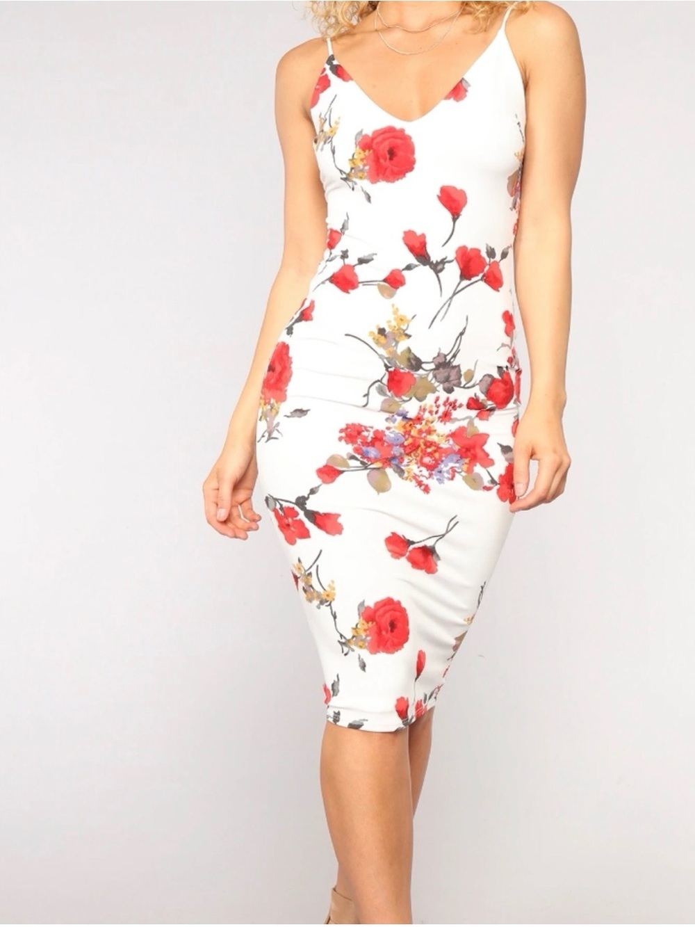 Fashion Nova White Midi Dress with Red Floral Print